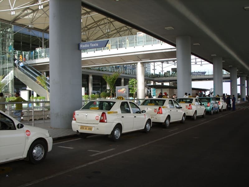 Radio taxis lined up at Rajiv Gandhi International Airport, Hyderabad